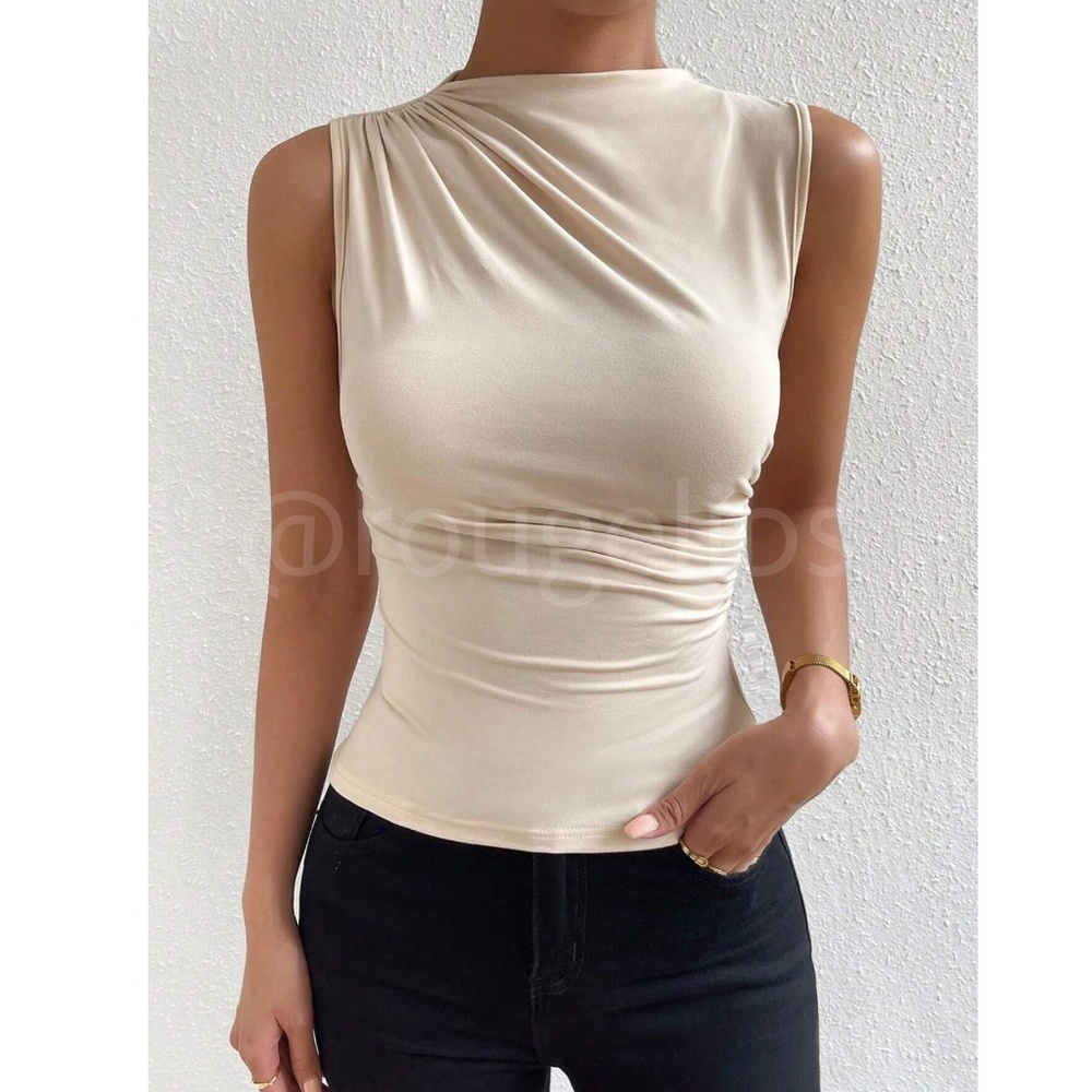 Ruched Beige Asymmetrical Sleeveless Shirt Top Stretchy - Picture 4 of 9
